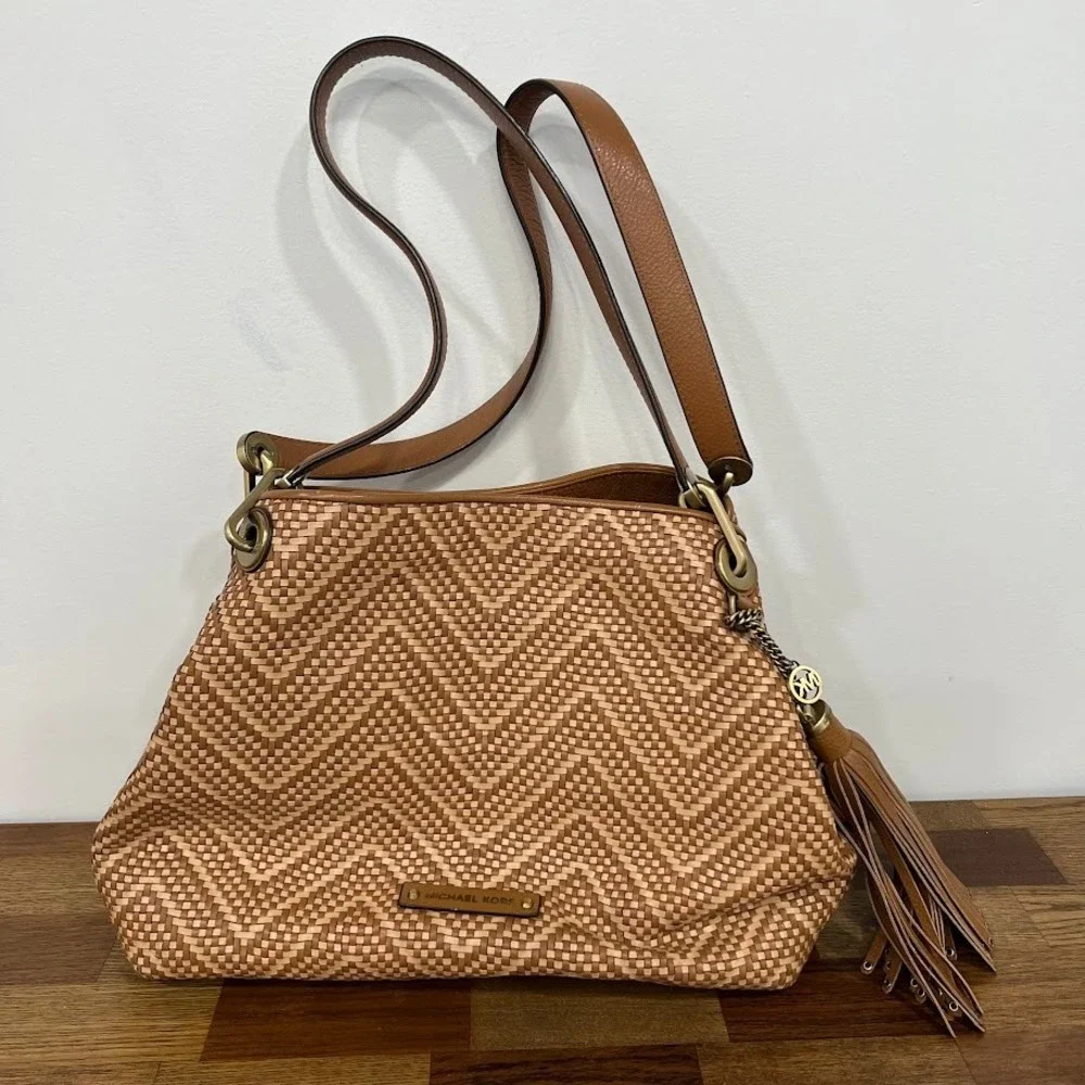 Michael Kors Brooklyn Woven Chevron Leather Shoulder Bag Tan Brown Tassel Hobo